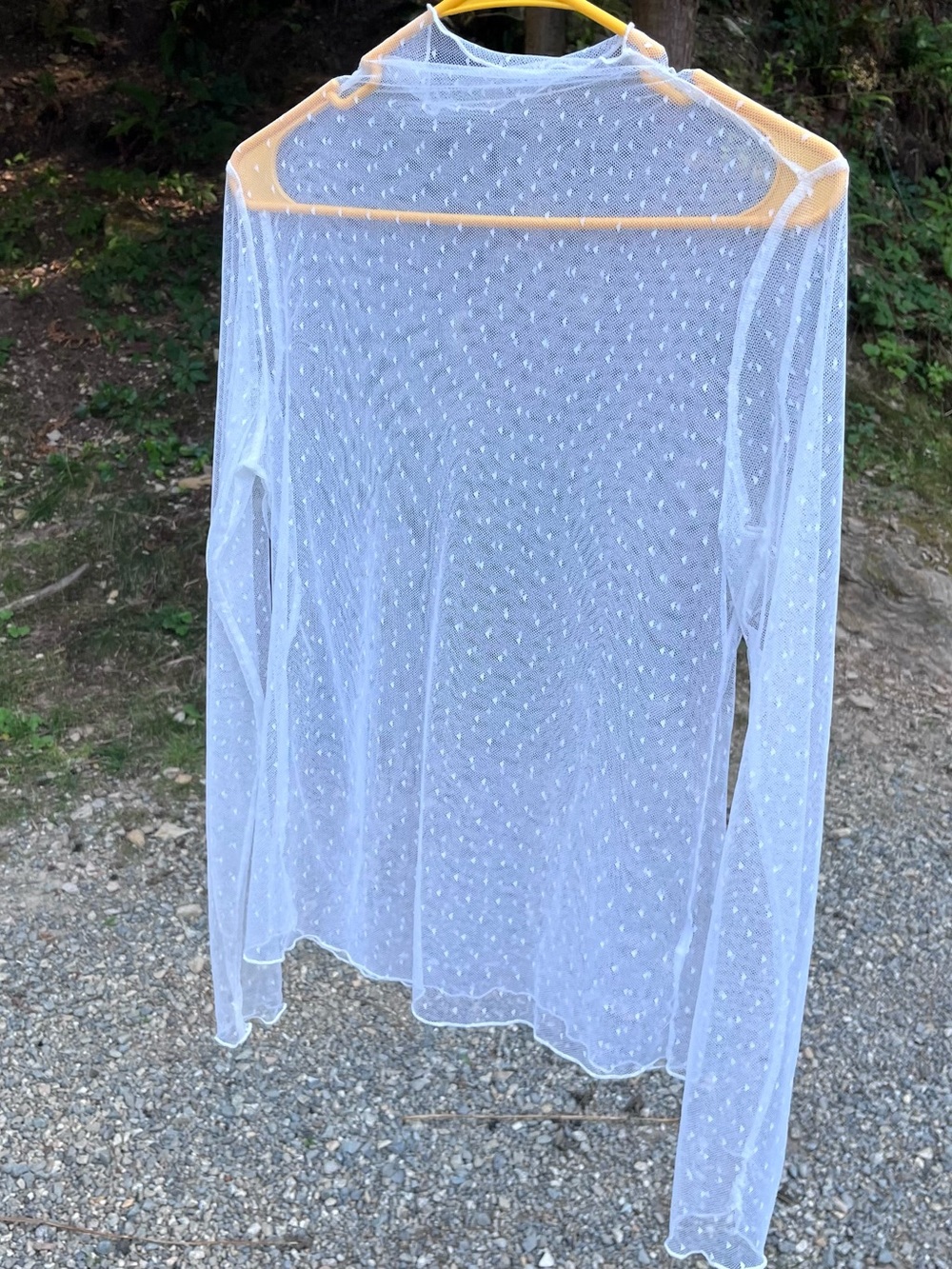 Sheer White Dotted Mesh Long-Sleeve Chemise Top